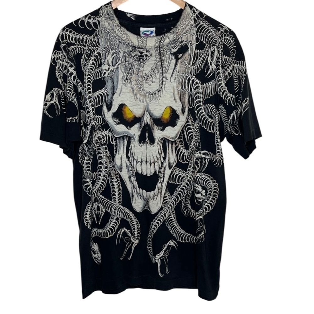Vintage 90s Liquid Blue Black Skull Snake Thrashed Tee Men Size L